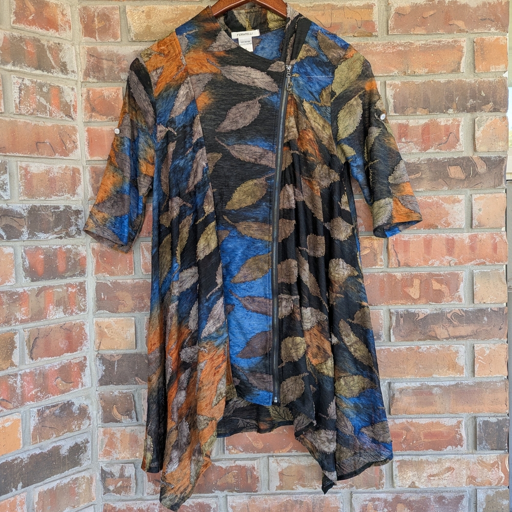 Feratelli Colorful Artsy Art To Wear Zip Tunic Top Blouse Leaf Fall Boho Sz S